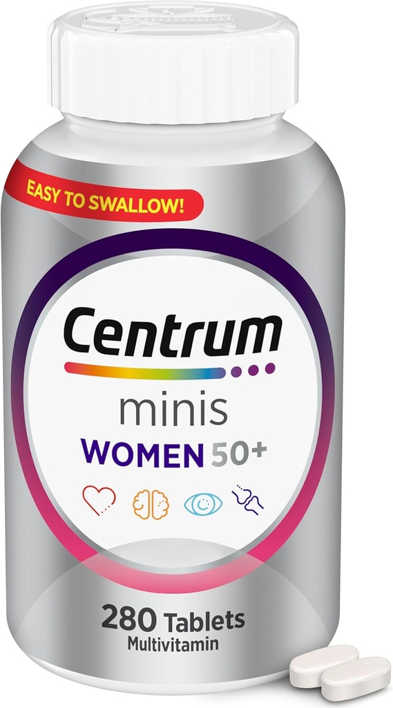 Centrum Minis Sølv kvinders Multivitamin til kvinder 50 Plus, Multimineral supplement med vitamin D3, B Vitamin, non-GMO ingredienser, understøtter hukommelse og kognition hos ældre voksne - 280 Ct