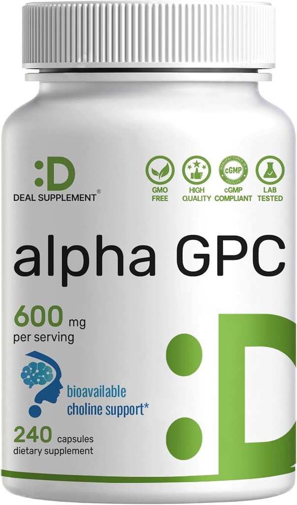 Alpha GPC 600 mg per servering, 240 kapsler - biotilgængelig cholin genopfyldning -Nootrop Brain Health Kosttilskud til hukommelse og fokus - non-GMO, Gluten Free