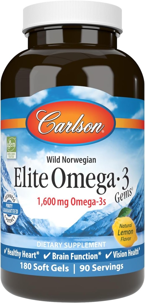 Carlson - Elite Omega-3 Gems, 1600 mg Omega-3 Inclusive EPA og DHA, Norwegian, Wild- Caught Fish Oil Supplement, bæredygtigt sourced, Lemon, 180 Softgels