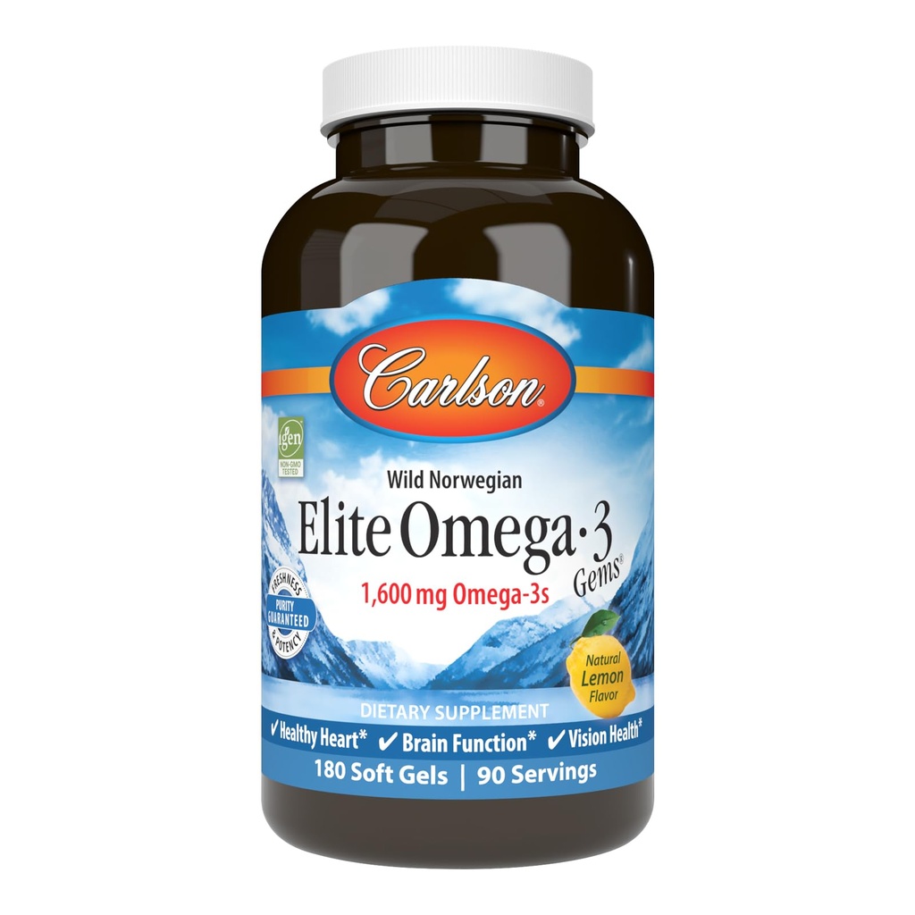 Carlson - Elite Omega-3 Gems, 1600 mg Omega-3 Inclusive EPA og DHA, Norwegian, Wild- Caught Fish Oil Supplement, bæredygtigt sourced, Lemon, 180 Softgels