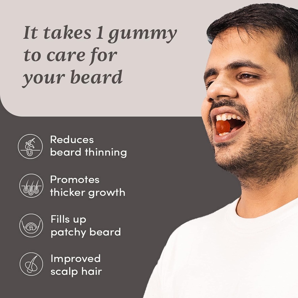 Beard Gummies til mænd er 124; 30 Days Pack er 124; Thicken Beard, Stimulerer Beard Follicles & Forbedrer Beard Density Means 124; Biotin, D- aspartasyre & Creatin Means 124; Gelatin- Free, 100% Vegan