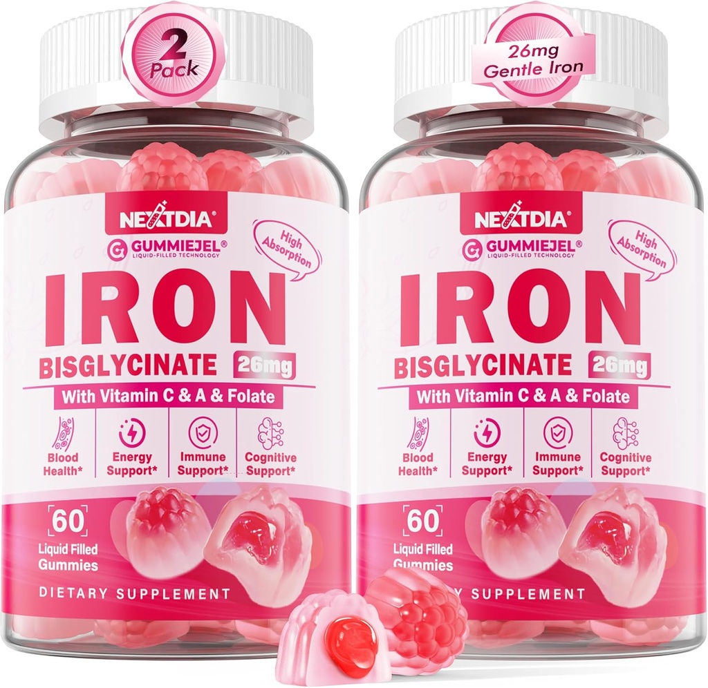 Vegan Iron Supplement Gummies for Women & Men - w/Vitamin C Folate B12 Zinc for Adults & Kids, Chewable Gentle Iron for Iron Deficiency, Energy Boost, Non-Constipating & After Taste, Sugar-Free 2 Pack
