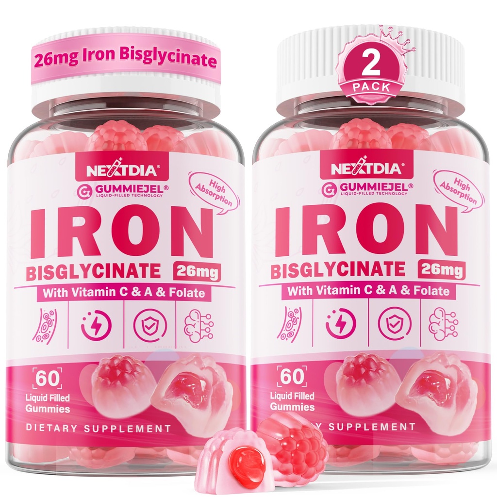 Vegansk jerntilskud Gummies for kvinder & mænd - w / C-vitamin Folate B12 Zink til voksne & børn, Chewable Gentle Jern til jernmangel, Energy Boost, Non- Constipating & Efter smag, Sugar- Free 2 Pack