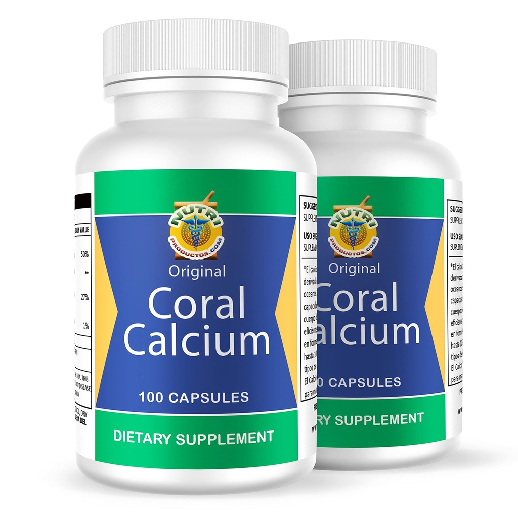 Calcio de Coral Set de 2 Frascos con 100 capsulas CADA uno. Reforzado con Vitamina D y Magnesio. Kombinere: Cansancio, Dolor de huesos, Azernio, Calambres, Artritis. 100% Natural.