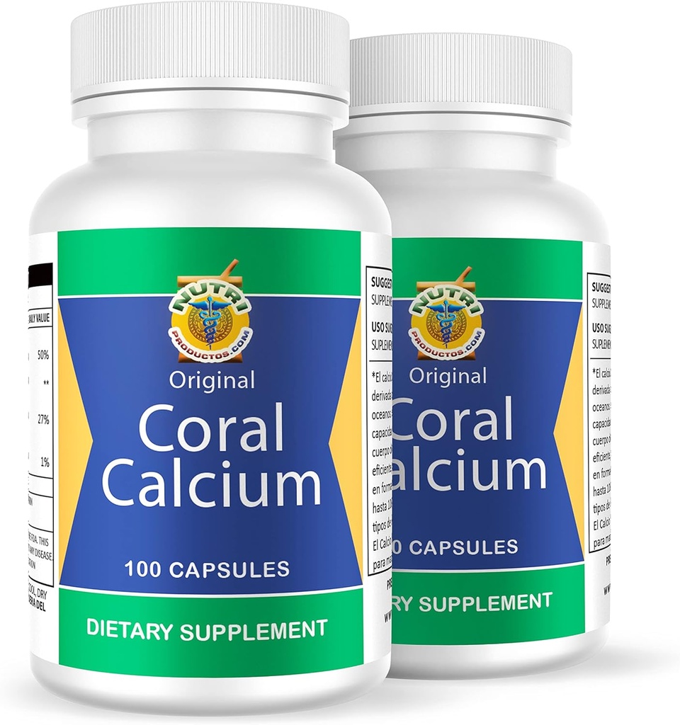 Calcio de Coral Set de 2 Frascos con 100 capsulas CADA uno. Reforzado con Vitamina D y Magnesio. Kombinere: Cansancio, Dolor de huesos, Azernio, Calambres, Artritis. 100% Natural.