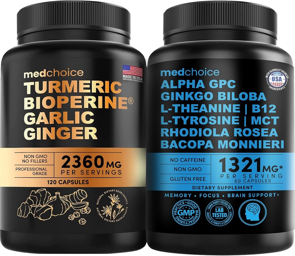 MEDCHOICE Gurkemeje & Ingefær (120ct) og Nootrop Brain (60ct) Supplement Bundle - Wellness Duo til fælles, fordøjelse, hjerne, & Mood Support - Vegan, Non- GMO, Gluten- Free