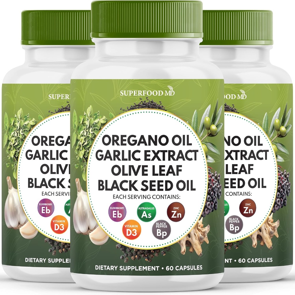 Oregano Oil Hvidløg Uddrag Olive Leaf Black Seed Oil Astragalus - Immun Support Supplement til kvinder og men- 180 Greve