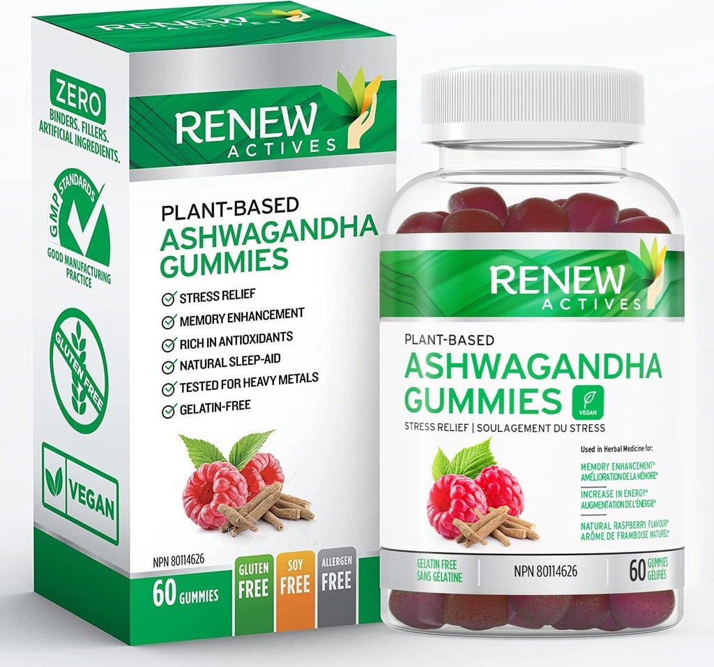 Renew Actives Ashwagandha 100MG per 4 Gummies – Memory, Focus & Energy Boost – Traditionally Used as a Rejuvenative Tonic – Vegan, Herbal Adaptogen – Made in Canada – 60 Gummies