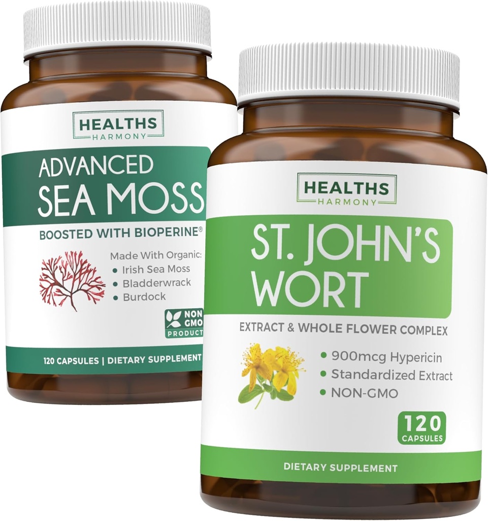 Sea Moss & St. John 's Wort (2 - Måned Supply) Mood Moss Blend - Organic Irish Sea Moss - Raw Vegan Supplement (120 Caps) & St John' s Wort med kraftfuld 900mcg Hypericin Vegan Non- GMO (120 Capsules)