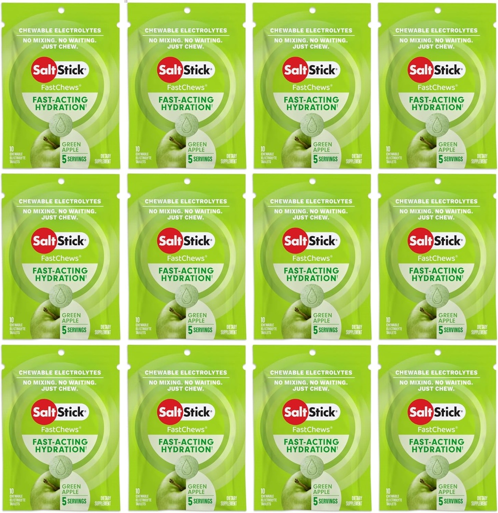 SaltStick Electrolyte FastChews - 120 Grev Green Apple Flavor - Electrolyte Tablets for Hydration, Salt Tabs - 10 Greve (pakke med 12)