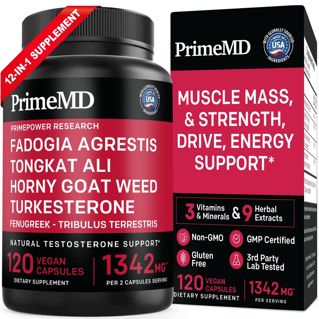 PrimeMD 12- in-1 Fadogia Agrestis og Tongkat Ali - Testosteron supplement for mænd med Turkesteron - HornyGoatWeed for mænd for samlet velvære med 1342mg per servering (120 kapsler) (pakke med 1)