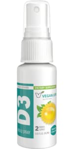 Vegansk Life Nutrition - Vitamin D3 Spray til voksne (400 IE) - 50% RDV - Orange- Flavored, Gluten- Free, Non- GMO, Understøtter ben sundhed og immunsystem - 0,65 Fl Ounce