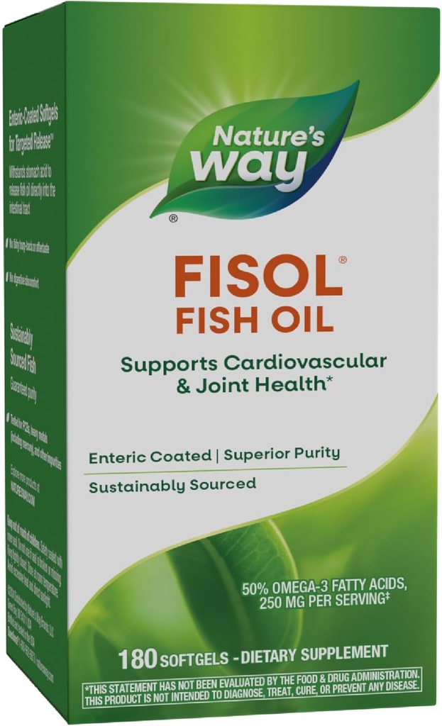 Nature 's Way Fisol Fish Oil, Enteric Coated, Understøtter kardiovaskulær og fælles sundhed *, Mega Potency Omega- 3s, 180 Softgels (Packaging May Vary)