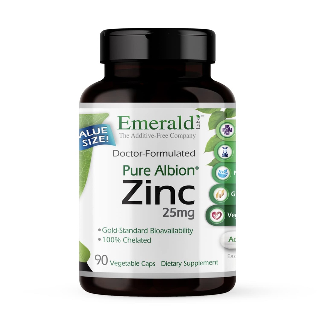 Emerald Labs Zink 25mg - immunforsvar, fordøjelsessundhed, oxiderende stress support - Lavet med zink Bisglycinate - Vegan & Gluten- Free - 90 Vegetabilske kapsler