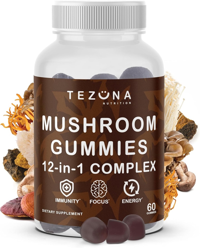 Mushroom Gummies 2 Pack, 12- in-1 Complex Supplement 3000mg - Lions Mane, Tyrkiet Tail, Reishi, Cordyceps, Mushrooms Extract - Nootrop Brain Supplement til hukommelse og fokus, Boost Immunitet og energi