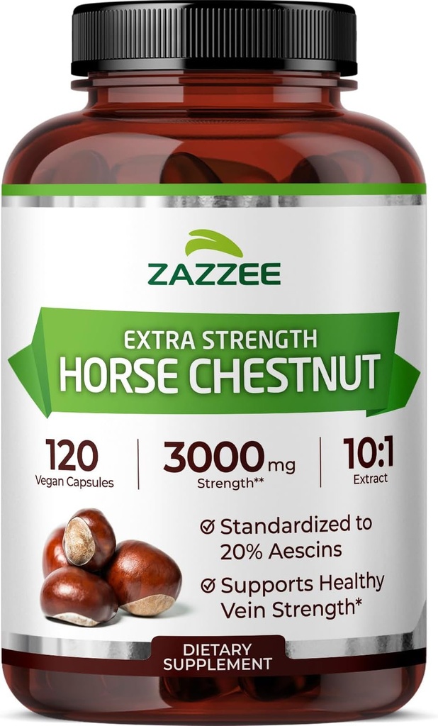 Zazzee Extra Strength Horse Chestnut 10: 1 Extract, 3000 mg Strength, 20% Aescins, 4 Monthly Supply, 120 Vegan Kapsler, Koncentreret og Standardized 10X Extract, All- Natural, Non- GMO, Lavet i USA