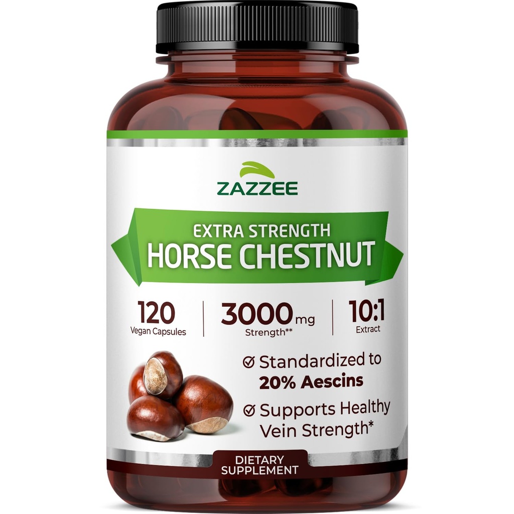Zazzee Extra Strength Horse Chestnut 10: 1 Extract, 3000 mg Strength, 20% Aescins, 4 Monthly Supply, 120 Vegan Kapsler, Koncentreret og Standardized 10X Extract, All- Natural, Non- GMO, Lavet i USA