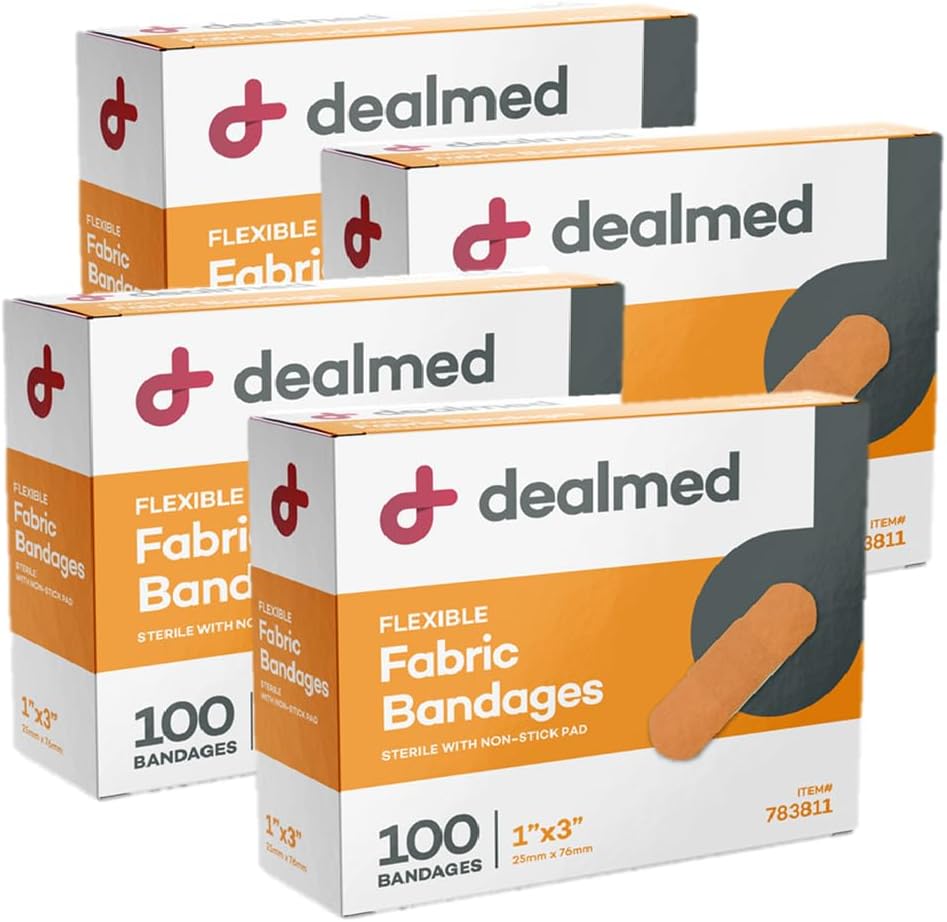 Dealmed Steril Fleksibel stof vedhæftede bandager - 1x3 tommer - 100 / Box - 4 bokse - Breathable First Aid Strip Pack - Soft Stretch Wound Patch for Medical, Emergency Kits & Clinic