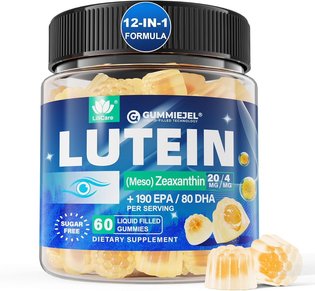 Sugar Free Lutein 20mg 40mg og Zeaxanthin Gummies for Eyes med Omega 3 (EPA 190mg & DHA 80mg), Lutein Supplements Eye Vitamin Filled Gumies Plus Bilberry, Goji Berry & Safran, Vegan - 60 Greve