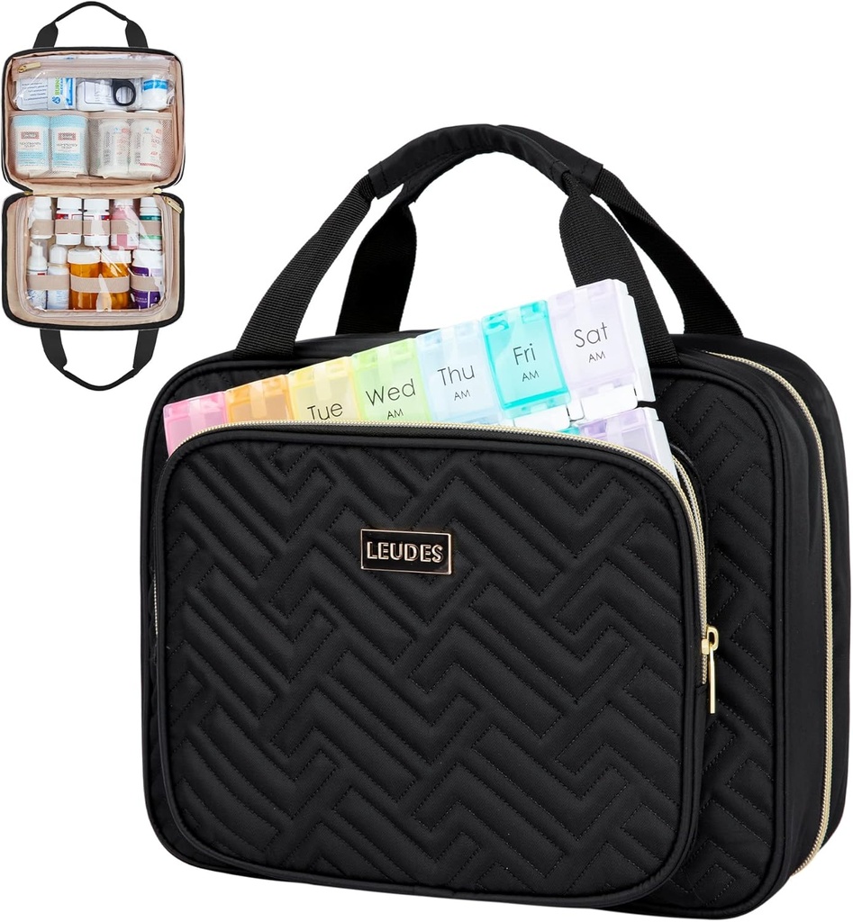 Leudes Travel Pill Flaske Organizer, Medicin Organizer og Opbevaring, Home Medication Bag, Cases, Carrier til piller, Vitamin, Fish Oil, Kosttilskud til kvinder og mænd (Medium, Sort)