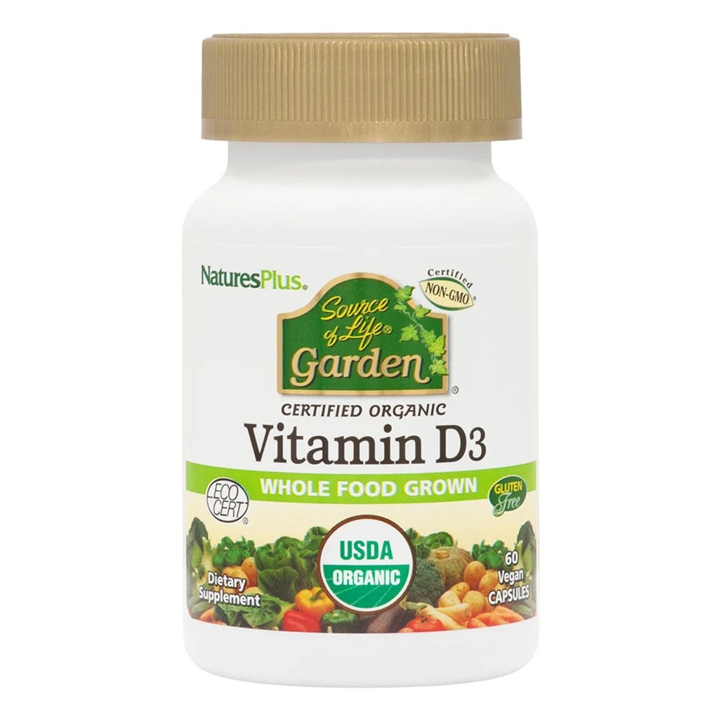 Natures Plus Kilde of Life Garden Certified Organic Vitamin D3 - Cholecalciferol 5000 iu, 60 Vegan Capsules - Whole Food Plant- Based Supplement - Vegetarisk, Gluten- Free - 30 Servere