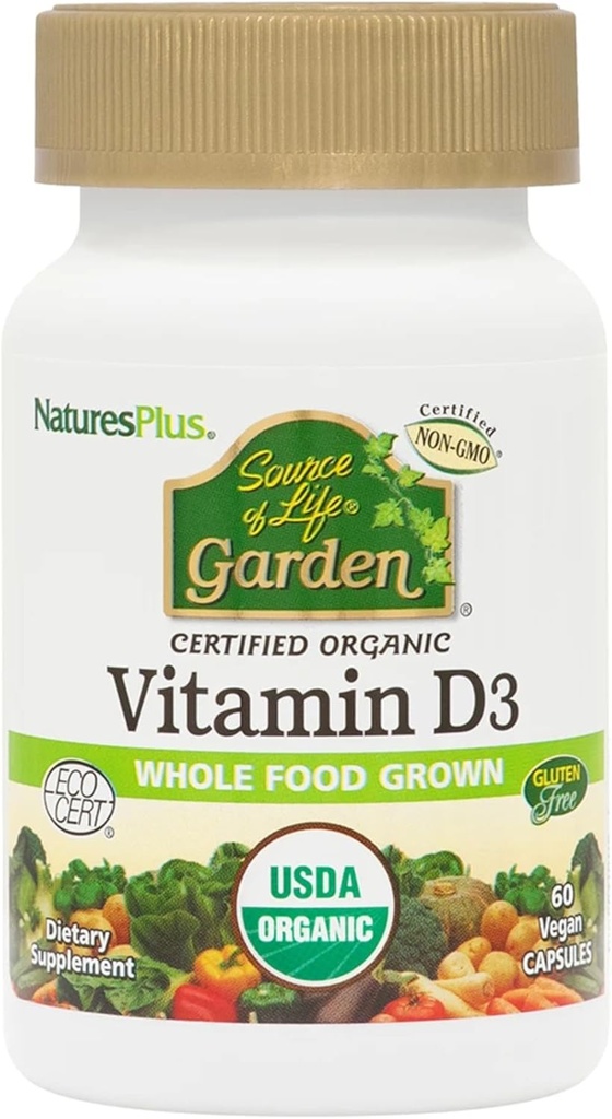 Natures Plus Kilde of Life Garden Certified Organic Vitamin D3 - Cholecalciferol 5000 iu, 60 Vegan Capsules - Whole Food Plant- Based Supplement - Vegetarisk, Gluten- Free - 30 Servere