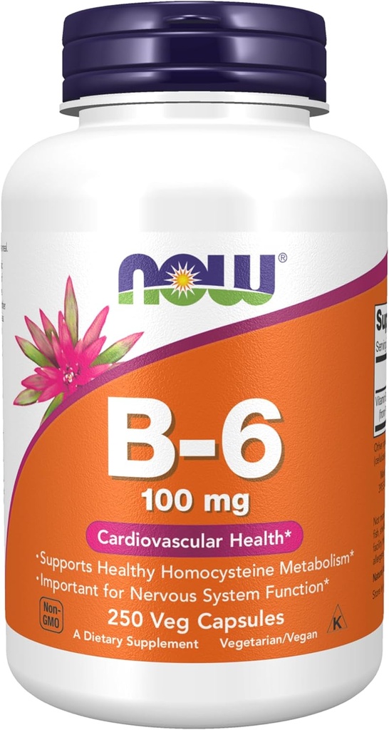 Now Foods Supplements, Vitamin B- 6 (Pyridoxin HCl) 100 mg, Cardiovaskulær Health, 250 Veg kapsler