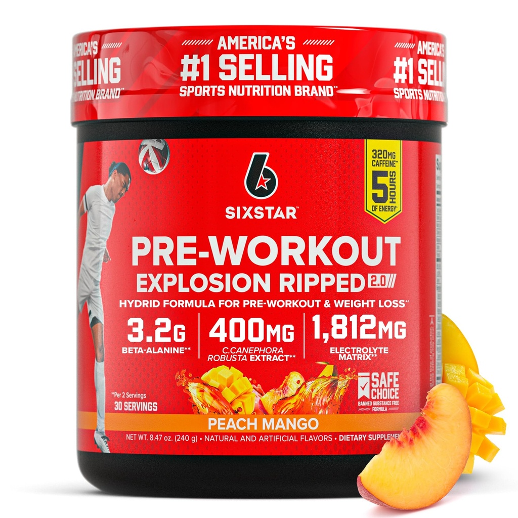 Six Star Pre- Workout Explosion, Peach Mango (30 Servere) - Preworkout Energy Powder supplement til mænd og kvinder - Pre Workout Drink Mix med Creatin & Beta Alanine - Sport Nutrition Produkter