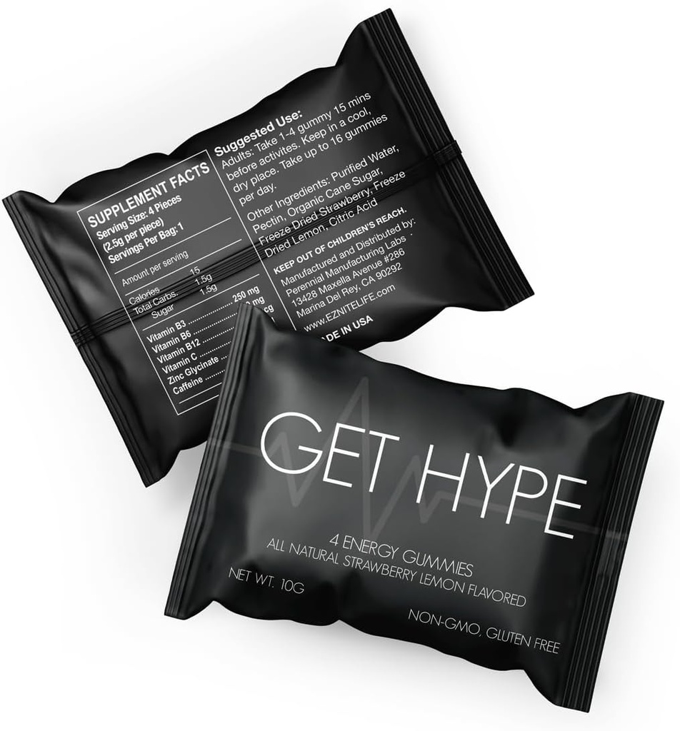 GET Hype Energy Gummy; Vegan, Non- GMO, Gluten- Free Energy Supplement med koffein, Vitamin B12, B6, C-vitamin & Zinkcreme 124; Boost Focus, Mental Clarity & Energy