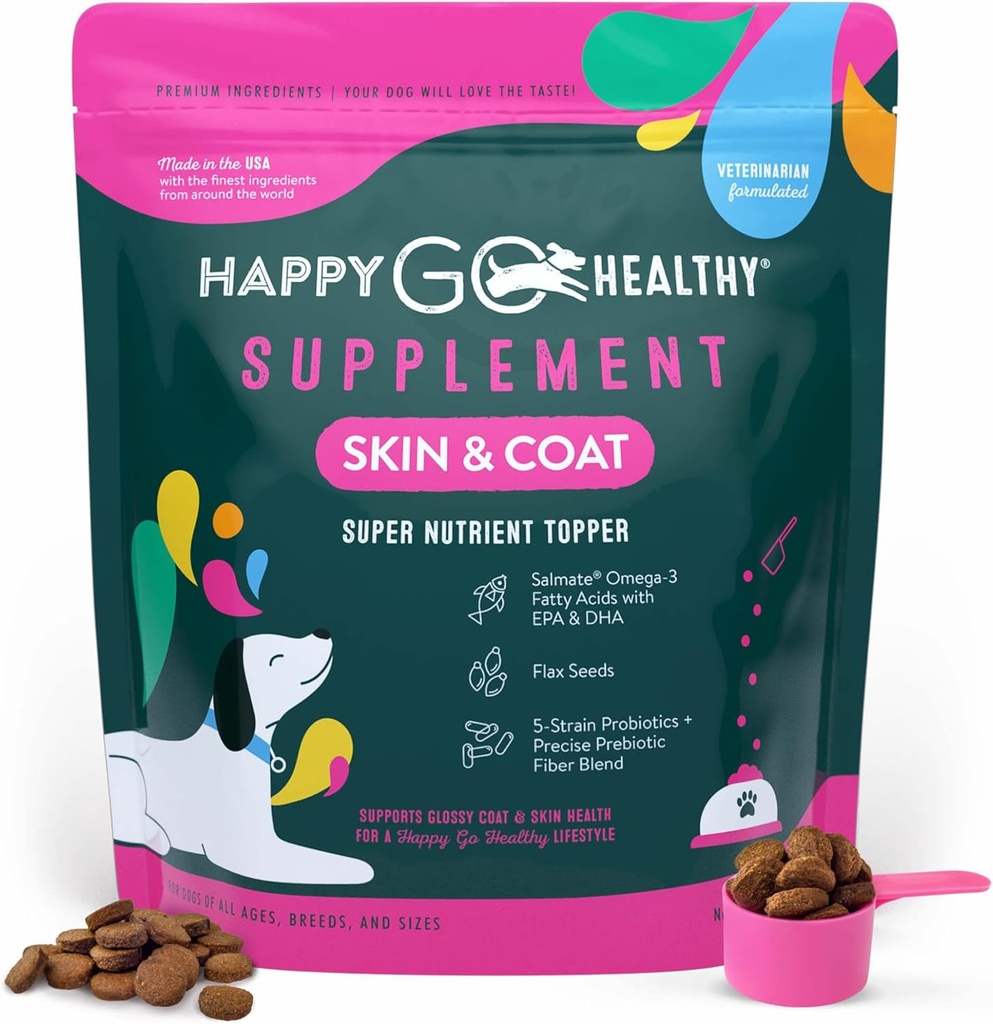 Hud & Coat Kosttilskud til hunde; Probiotiske & Prebiotiske Fordele med Wild Salmon Omega 3s til at hjælpe din hund skinne fra Inside Out; Alle racer, alder og størrelser