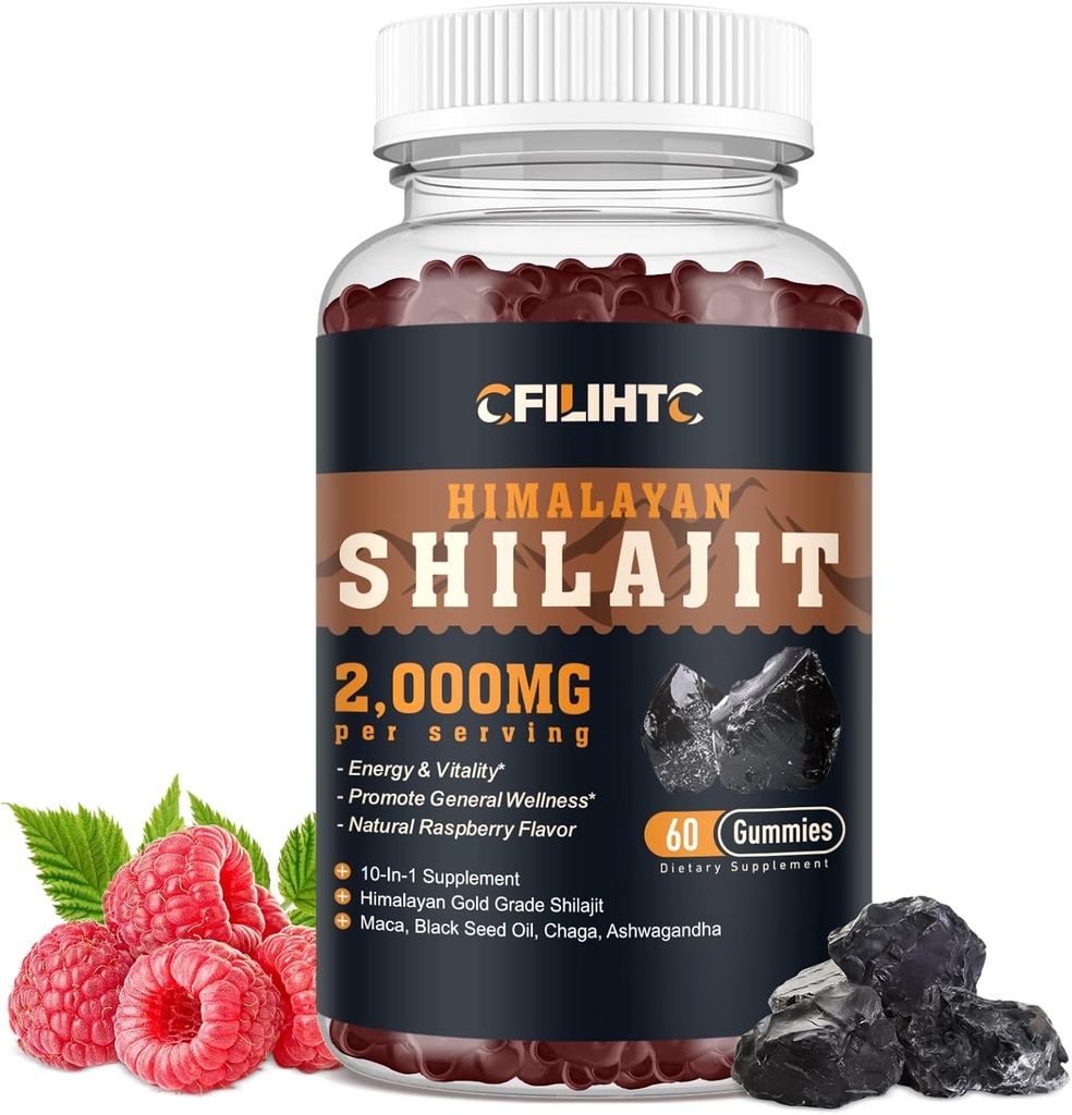 Shilajit Gummies 2000mg - Shilajit Pure Himalayan Organic for Mænd & Kvinder 85 + Trace Minerals Shilajit Resin med Ashwagandha, Maca, Black Seed Oil - Energi, Brain, Immunitet, Sukker Free Raspberry 60ct