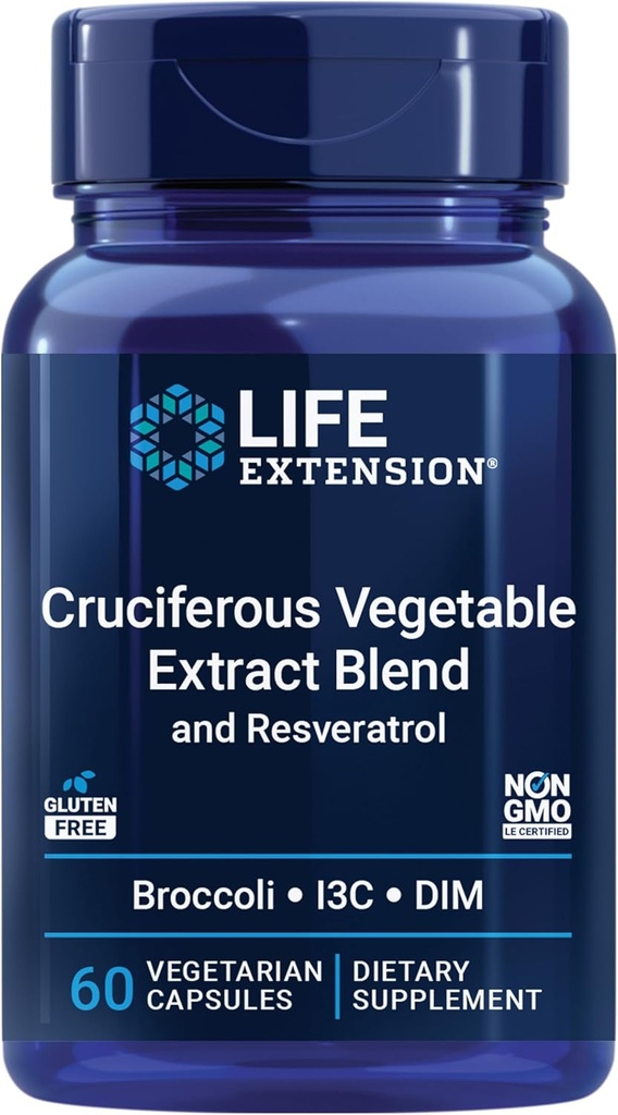 Life Extension Cruciferous Vegetabilsk ekstrakt & Resveratrol, Broccoli, Cabbage, resveratrol, Understøtter Cellular Protection, Gluten- Free, Non- GMO, Vegetar, 60 Kapsler