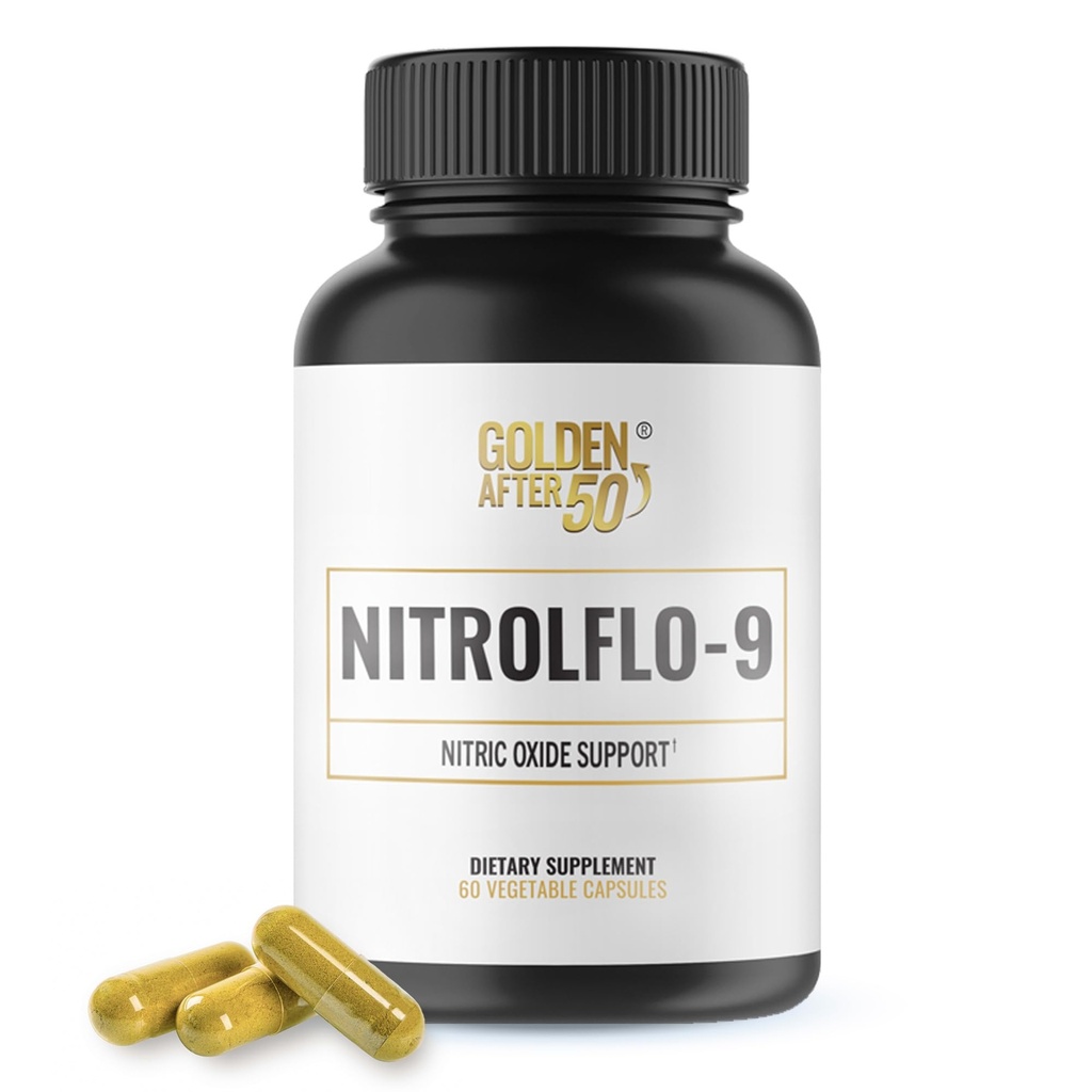Golden Efter 50 NitrolFlo- 9 - Nature- drevet nitrogenoxid supplement med Pomegranate Extract, Grape Seed, og S7 ® - Understøtter næringsstofcirkulation og optimal energi - 60 kapsler