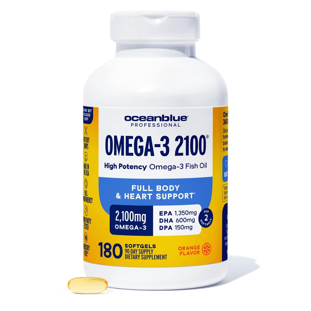 Oceanblå Professional Omega-3 2100 - 180 ct - Triple Strength Burpless Fish Oil Supplement med høj potens EPA, DHA, DPA - Wild- Fanget - Orange Flavor (90 Servere)