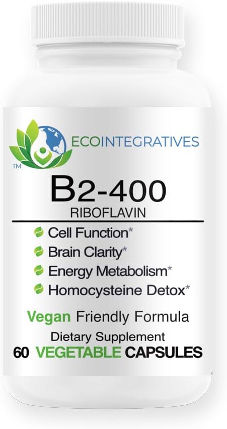 B2- 400 Pure Riboflavin - Nervesystemet Sundhed, Homocystein Detox, Kardiovaskulær, Hjælper Boost Energy, Mental Clarity, Metabolisme og Cell Funktion (60, Unflavored)