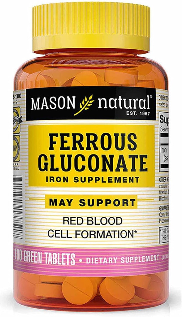Mason Natural Ferrous Gluconate - Understøtter dannelse af røde blodceller, genert på maven jerntilskud, 100 tabletter