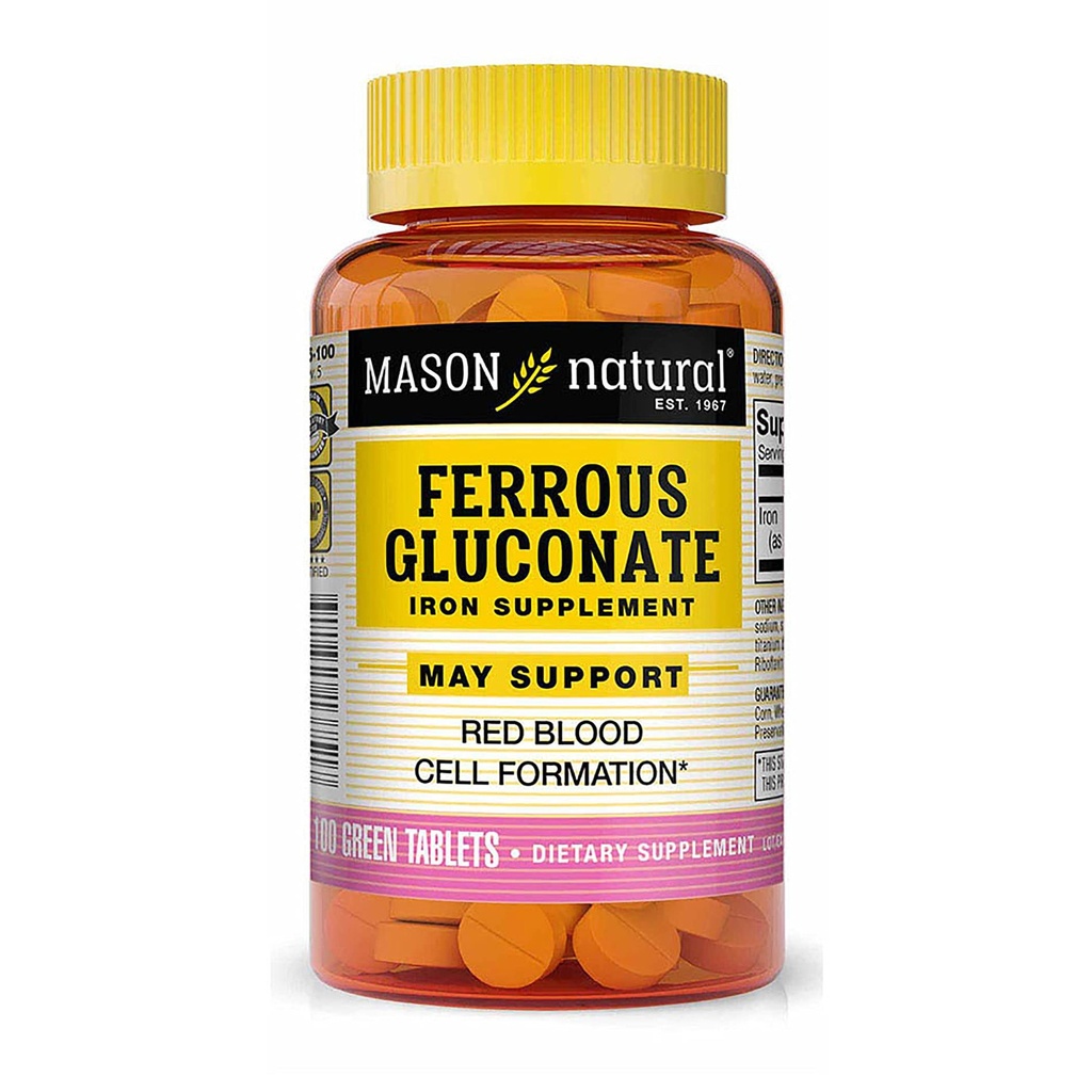 Mason Natural Ferrous Gluconate - Understøtter dannelse af røde blodceller, genert på maven jerntilskud, 100 tabletter