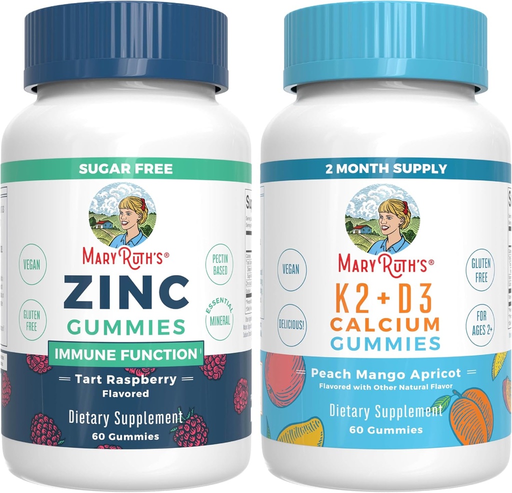 MaryRuth Organics Zink (Tart Raspberry) & Vitamin K2 + D3 Calcium Gummies (Peach Mango & Apricot)