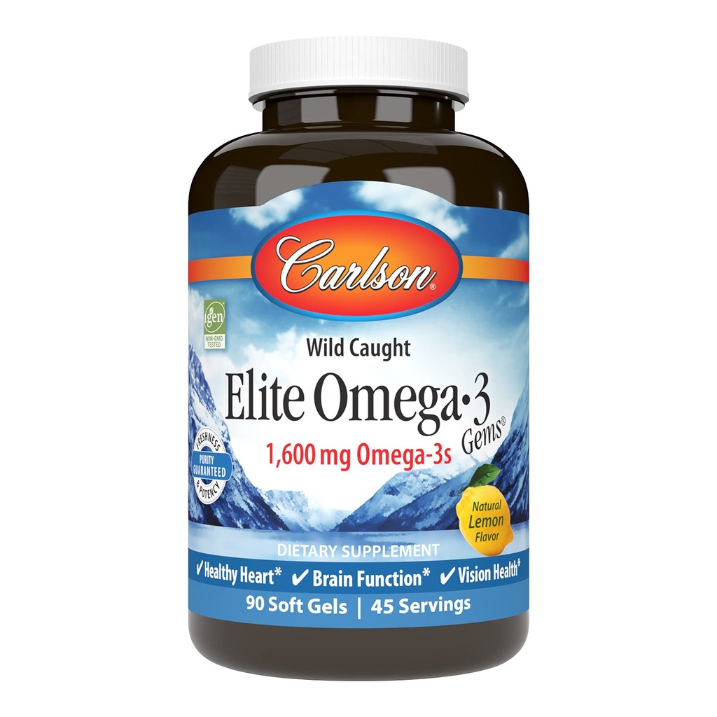 Carlson Elite Omega-3 Gems, 1600mg Omega- 3s med EPA & DHA, Wild-fanget norsk fiskeolie, Lemon Flavor, 90 Softgels