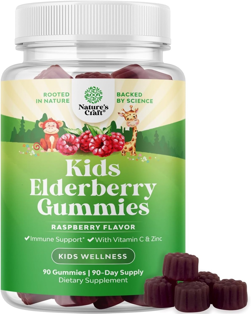 Nature Craft Sambucus Elderberry Gummies for Kids Health - Lækker Black Elderberry Gummies med zink og C-vitamin til Kids immunforsvar - Gelatine og Gluten Free Non- GMO Immunity Support 90