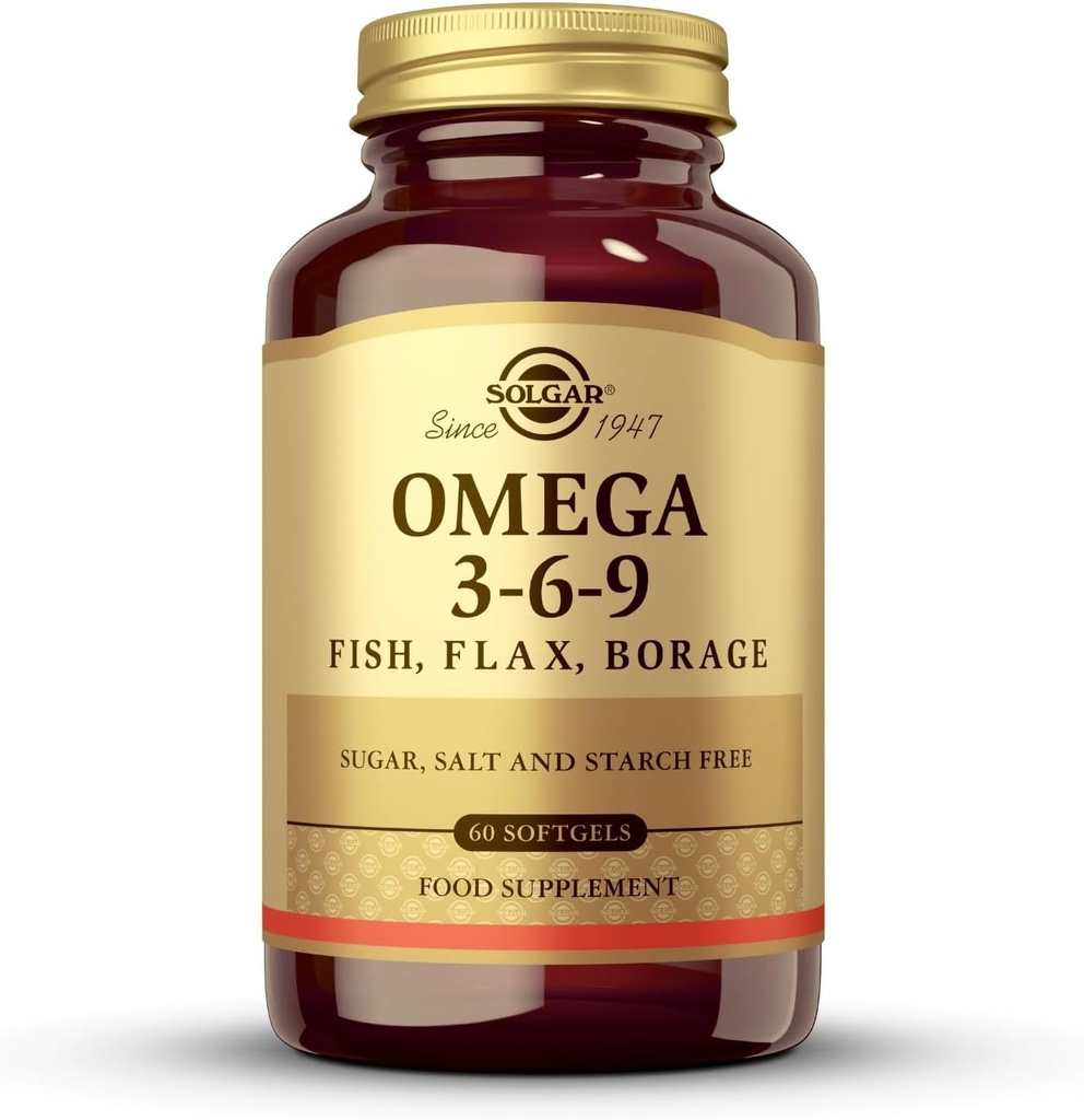 Solgar 1300 mg Omega 3- 6- 9- 60 Softgels - Støtte til fælles & hudsundhed - non-GMO, Gluten Free - 20 Servere