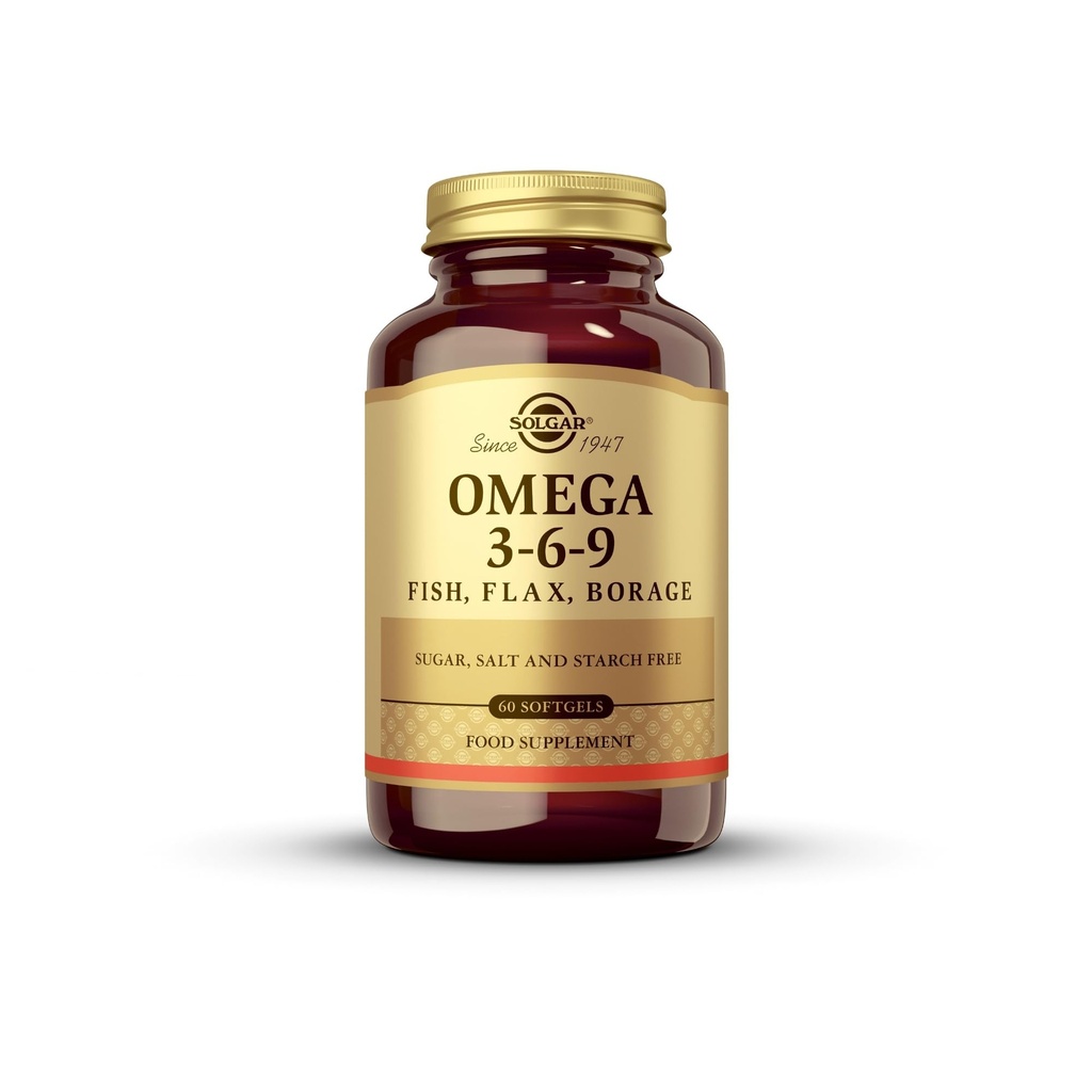Solgar 1300 mg Omega 3- 6- 9- 60 Softgels - Støtte til fælles & hudsundhed - non-GMO, Gluten Free - 20 Servere