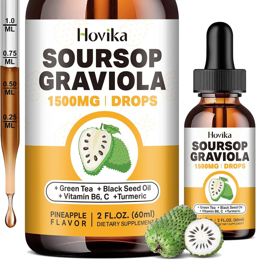 Soursop Graviola Liquid Drops 1500mg - Soursop blade & Frugt med grøn te, Black Seed Oil, Gurkemeje til Cell Support, Immunum, Antioxidant - Bitters Flydende, Natural Ananas Arv 2 Fl Oz