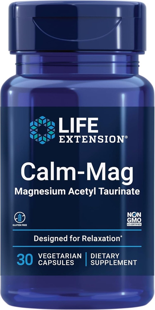 Life Extension Calm- Mag, Magnesium Acetyl taurinate, Daily Stress Management Formel, Understøtter Calmness and Relaxation, Gluten- Free, Non- GMO, Vegetar, 30 Kapsler