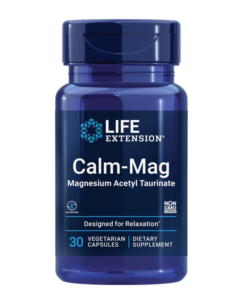 Life Extension Calm- Mag, Magnesium Acetyl taurinate, Daily Stress Management Formel, Understøtter Calmness and Relaxation, Gluten- Free, Non- GMO, Vegetar, 30 Kapsler