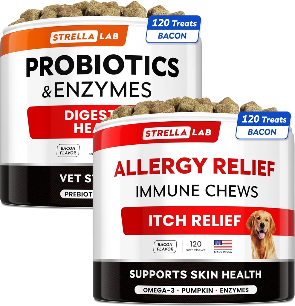 Vet Strength Probiotika + Allergy Relief for Dogs Bundle - Chewable Fiber Supplement + Itchy Skin Treatment - Digitale enzymer + Pumpkin - Upset Mave Relief + Hotspot Relief - 240 ct - Made in USA