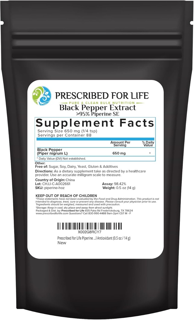 Præskrevet for Life Piperine Powder, 95% Black Pepper Extract Powder, øger næringsstofabsorption, Gluten Free, Vegan, Non GMO, Natural Antioxidant (0.5oz / 14g)