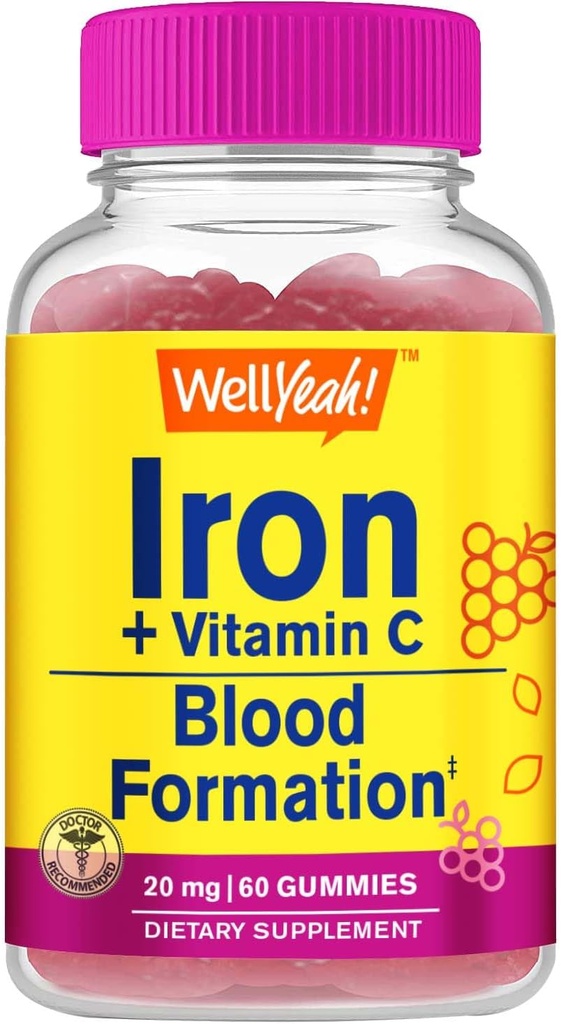 WellYe Iron Gummies med C-vitamin -Anæmi og cellulær energi støtte, fremmer Red Blood Cell Dannelse - Energi & immunsystem støtte -Natural Grape Flavor-60 Gummies