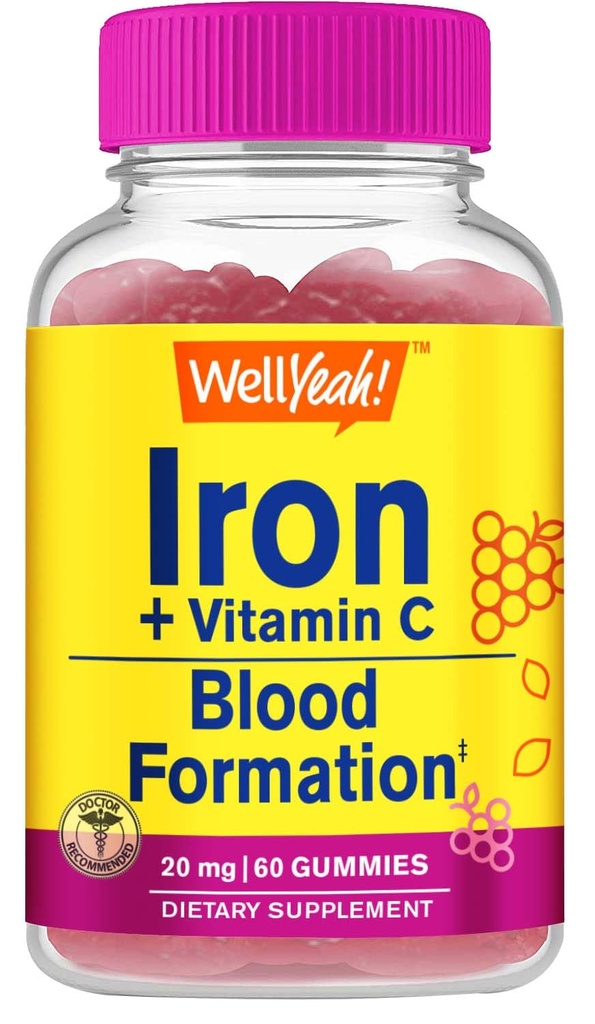 WellYe Iron Gummies med C-vitamin -Anæmi og cellulær energi støtte, fremmer Red Blood Cell Dannelse - Energi & immunsystem støtte -Natural Grape Flavor-60 Gummies