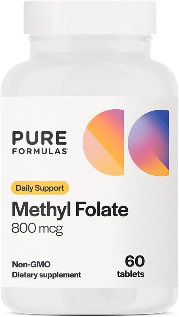 PureFormulas Methylfolat 800 mcg - Active B9 (5- MTHF) for cardiovaskulær, Nerve & Food Health, Ikke- GMO vegetariske tabletter, 60 Tæl